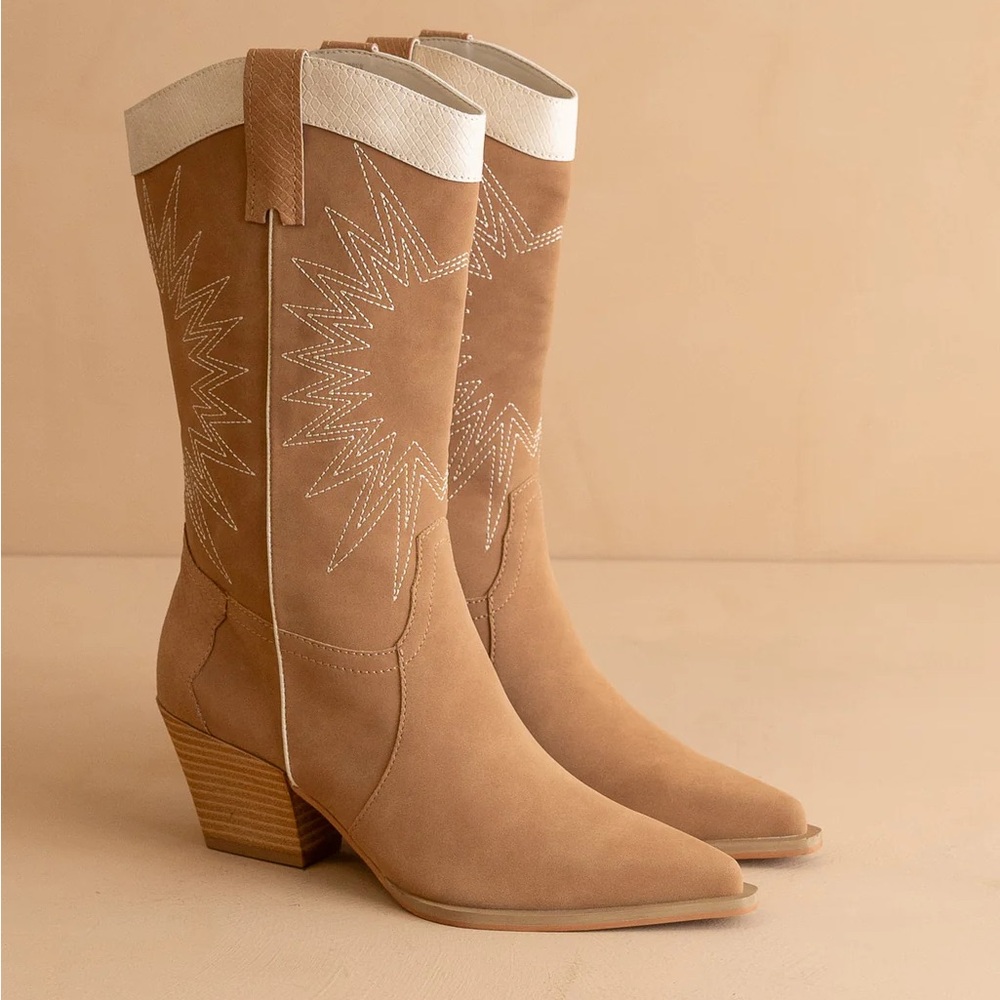 Beige brown tan suede embroidered stitch Aztec tribal  western cowboy boots